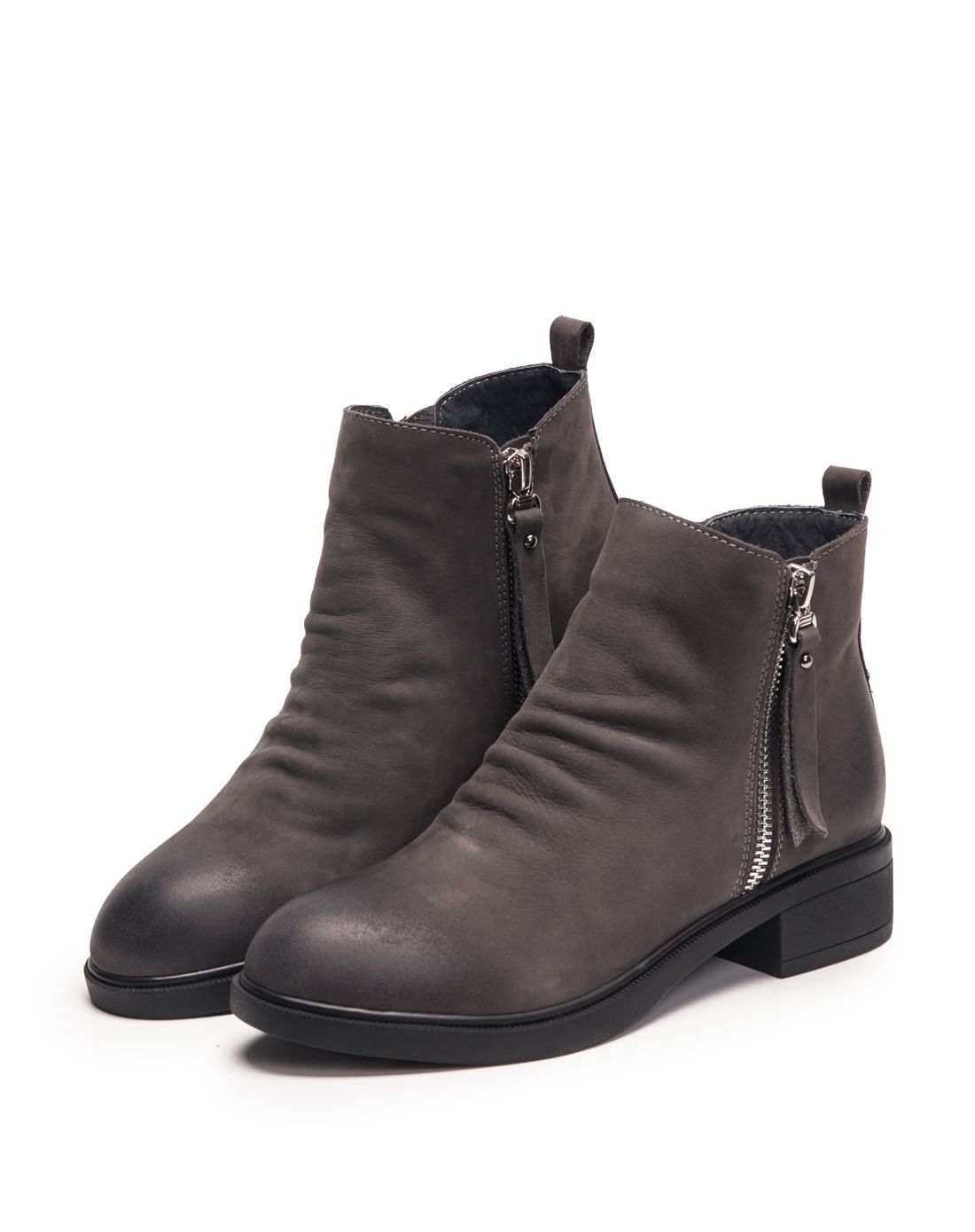 灰色牛皮磨砂拉链装饰时尚个性女士短靴