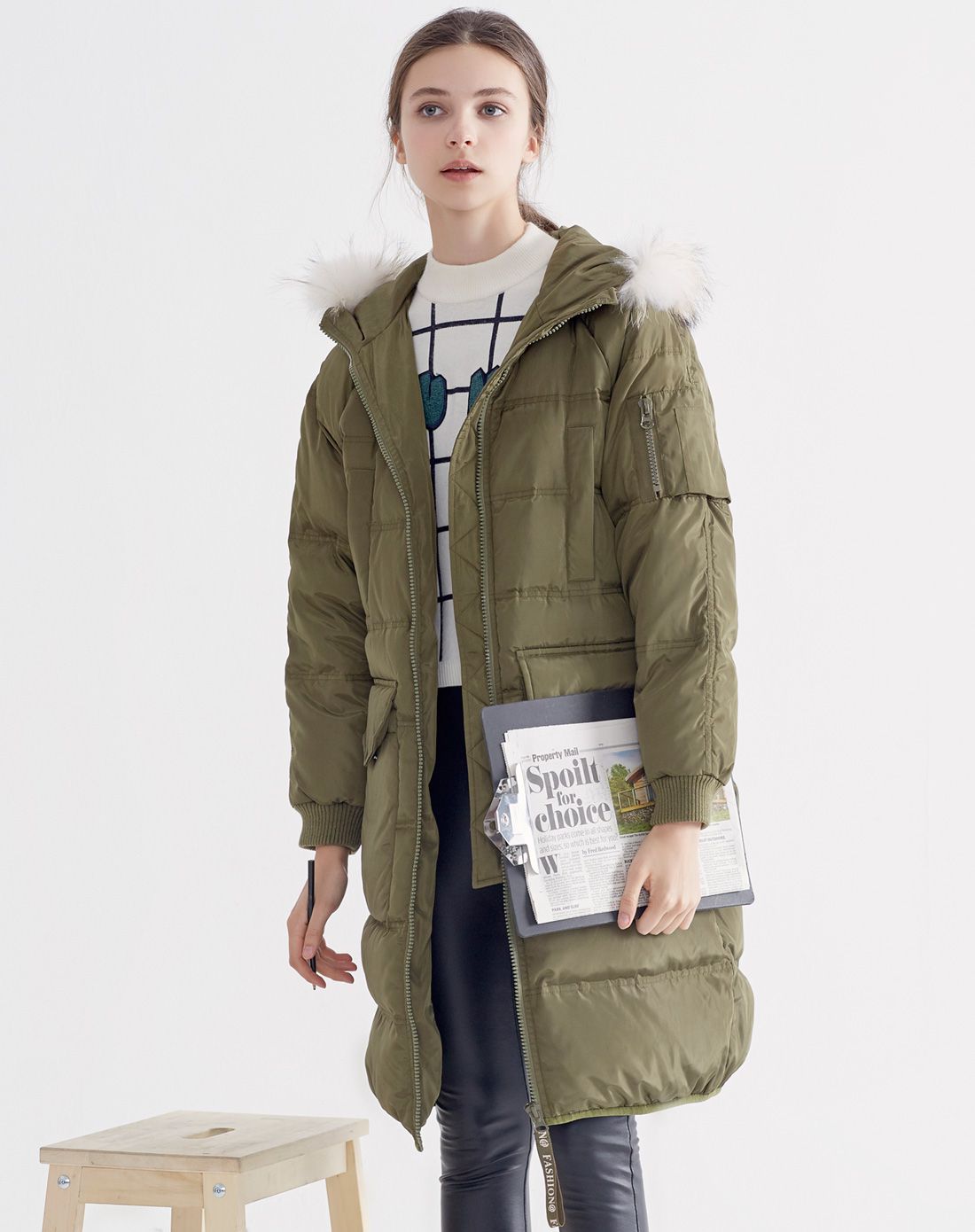 红袖宽松休闲连帽大口袋中长款貉子毛领羽绒服e6401r102军绿色_唯品会