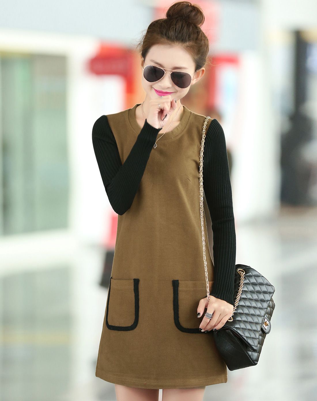 艾欧唯aiov灰色简约拼接连衣裙q16lw9728hui01_唯品会