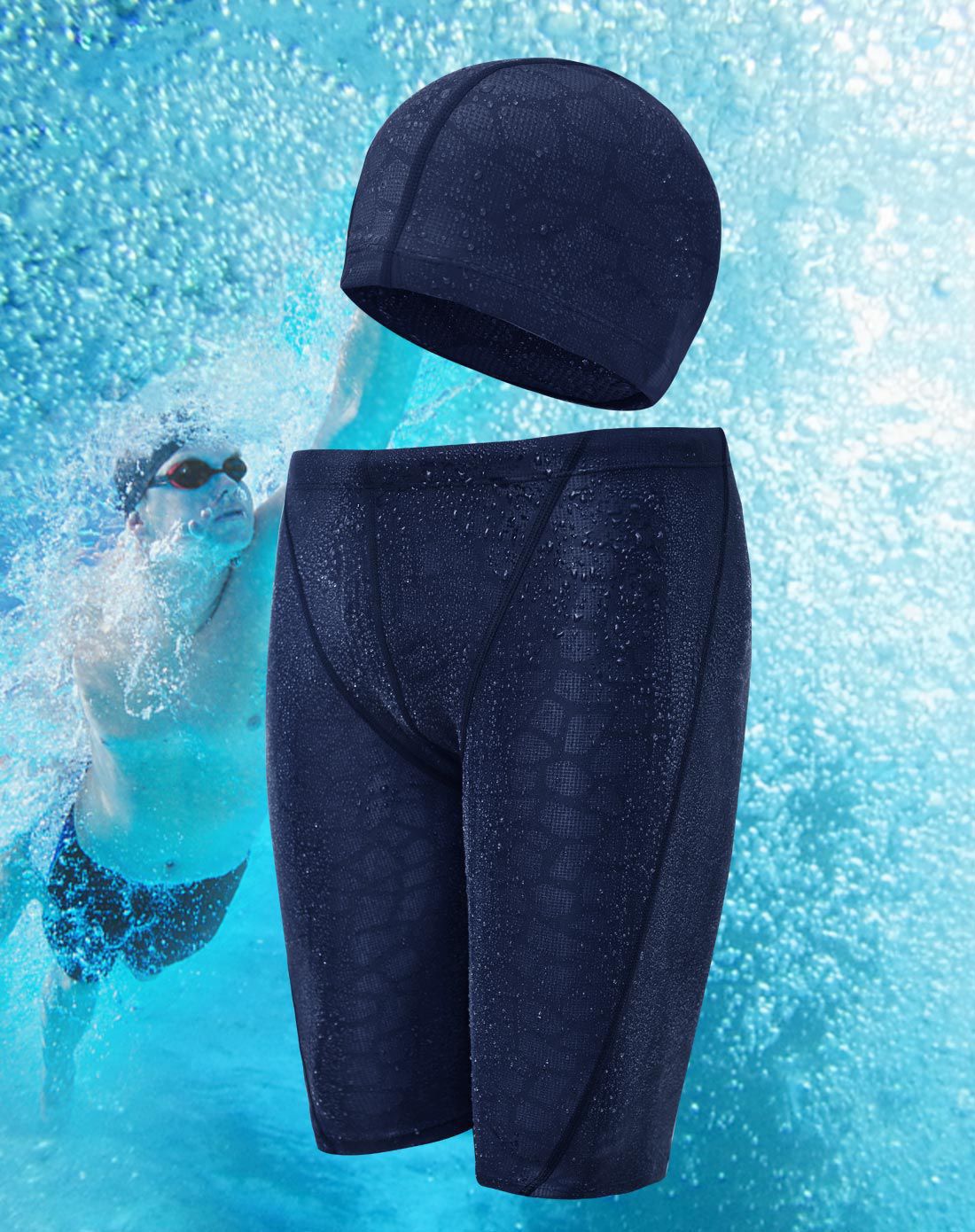 抗氯防水速干 男士黑色长五分泳裤 送泳帽