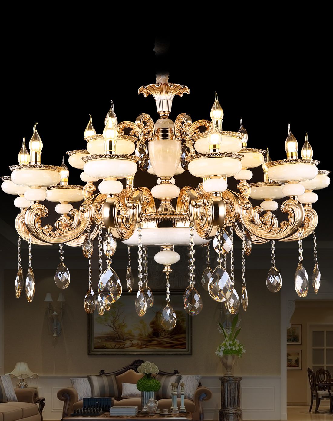 洛克灯饰roko专场直发货天然玉石 奢华贵族15头水晶吊灯mlkrmk008c