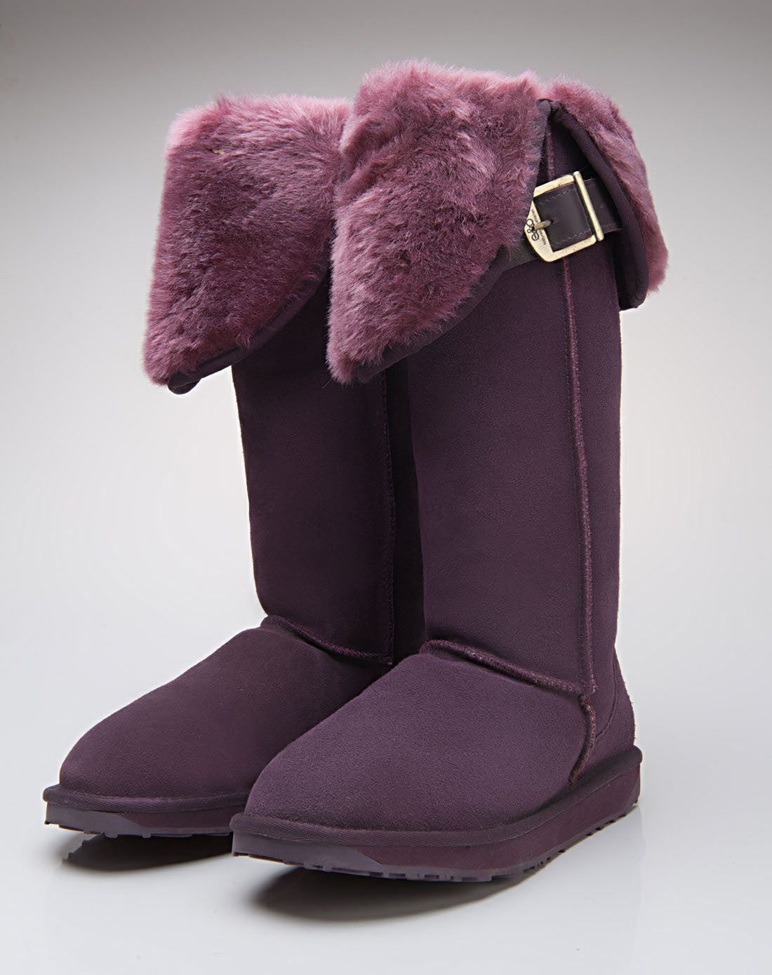 茄色翻毛口搭金属扣高筒真皮女雪地靴