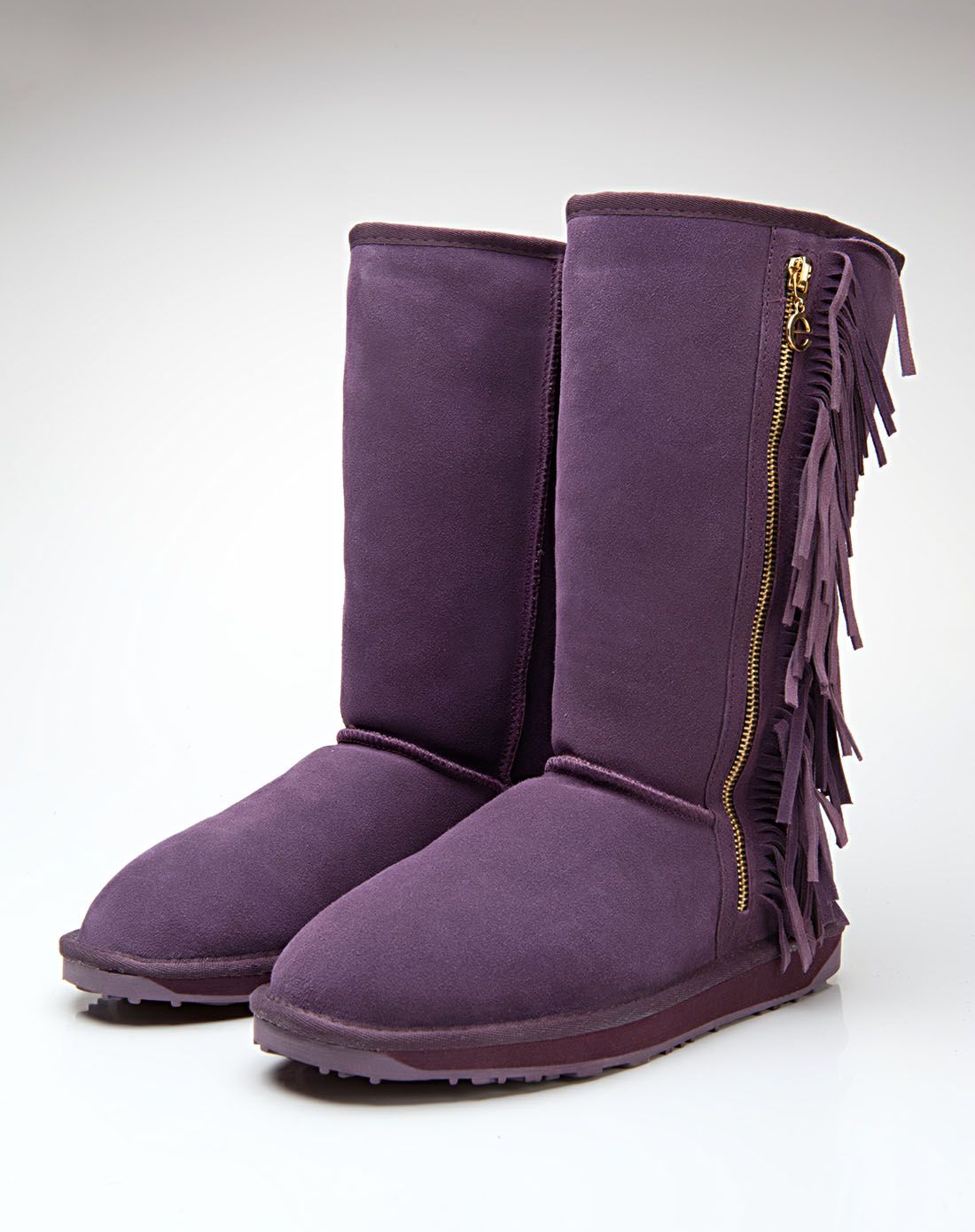 茄色拉链外侧炫流苏高筒真皮雪地靴