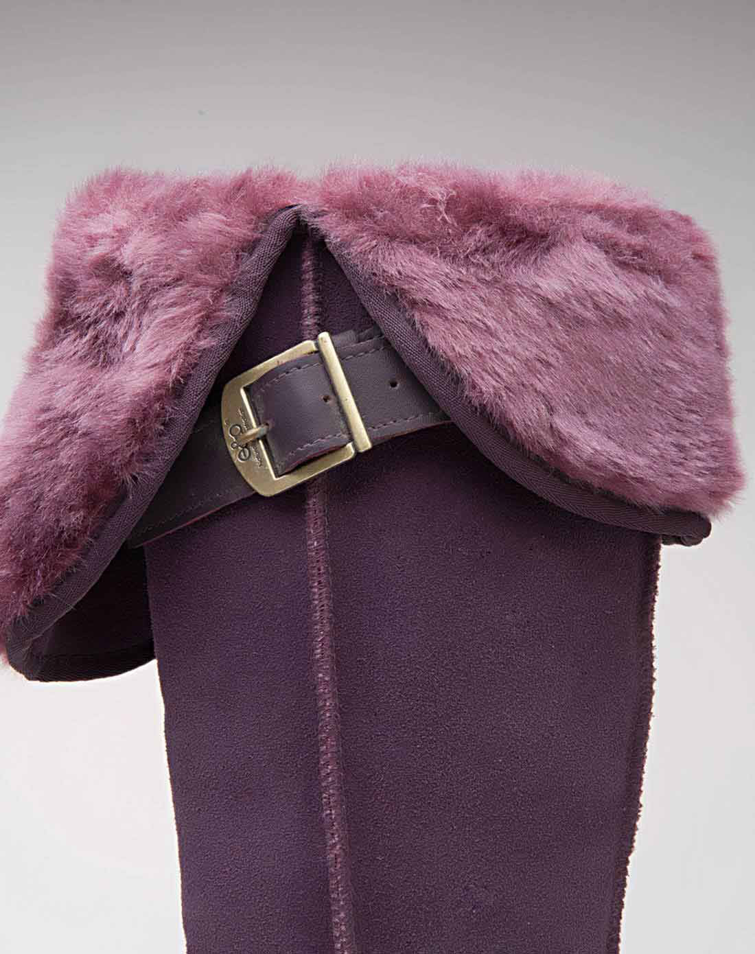 茄色翻毛口搭金属扣高筒真皮女雪地靴