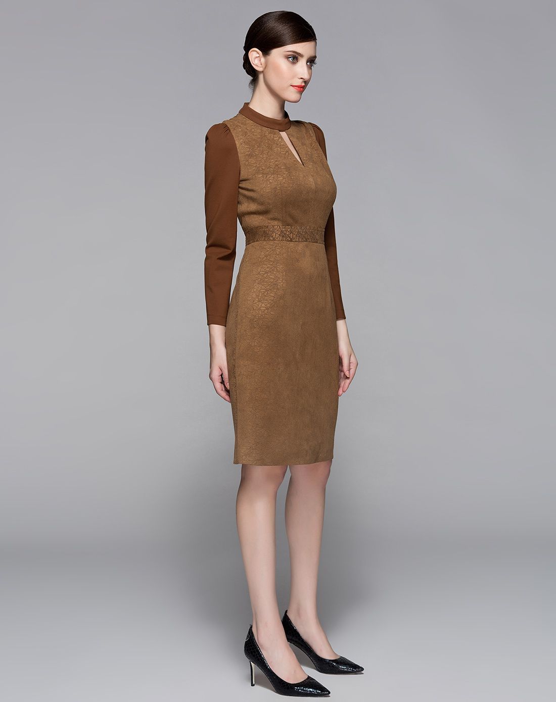 黄色/咖色优雅复古修身长袖连衣裙