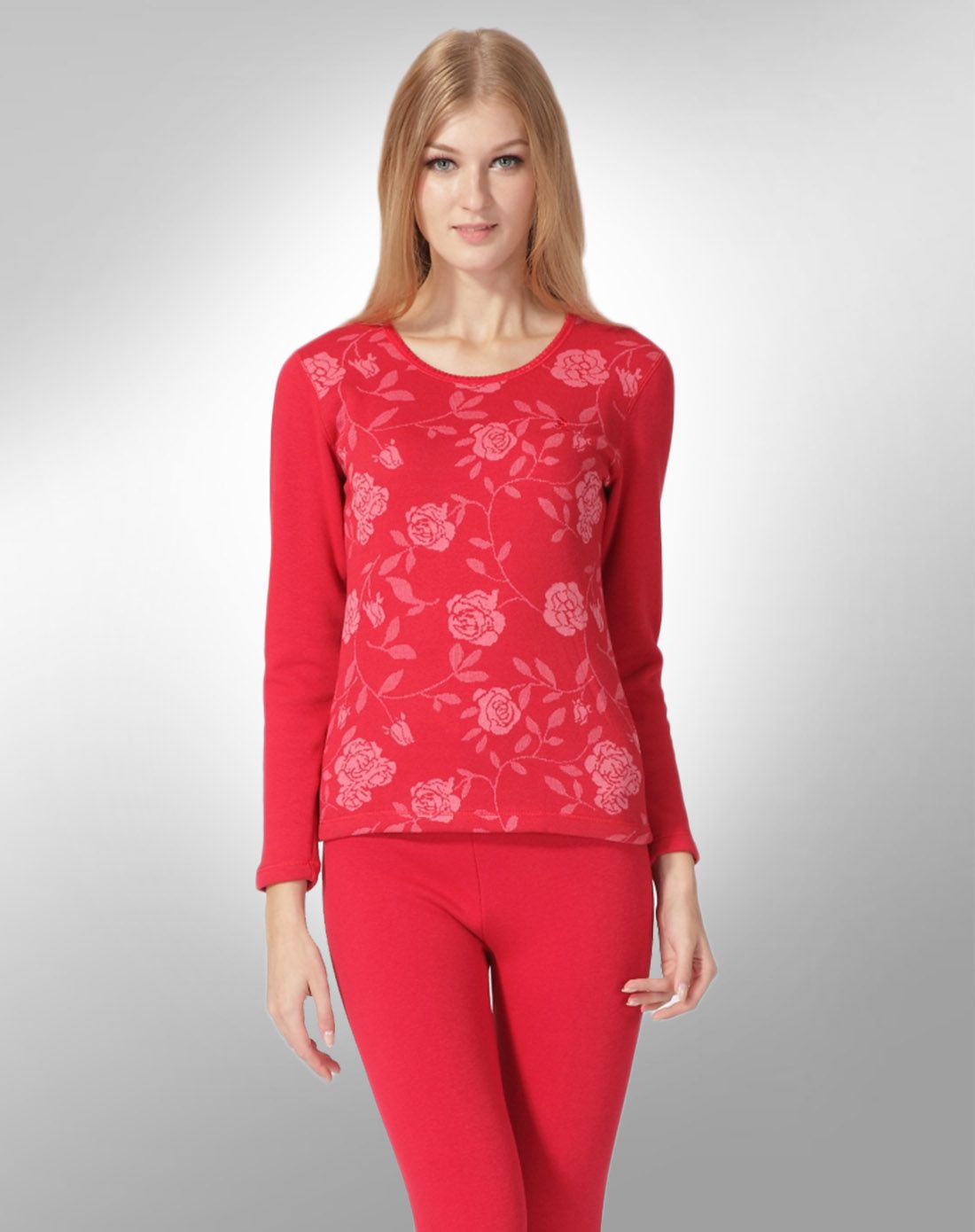 女款圆领提花暖能加绒内衣套装红色