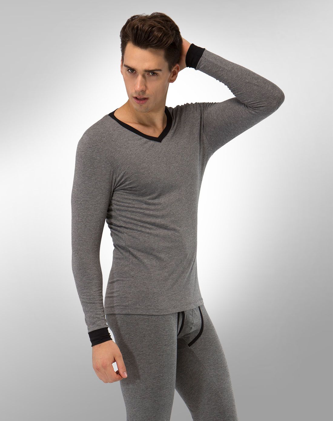 梦特娇montagut男女内衣男款时尚撞色v领莫代尔内衣套装麻灰am5728d82