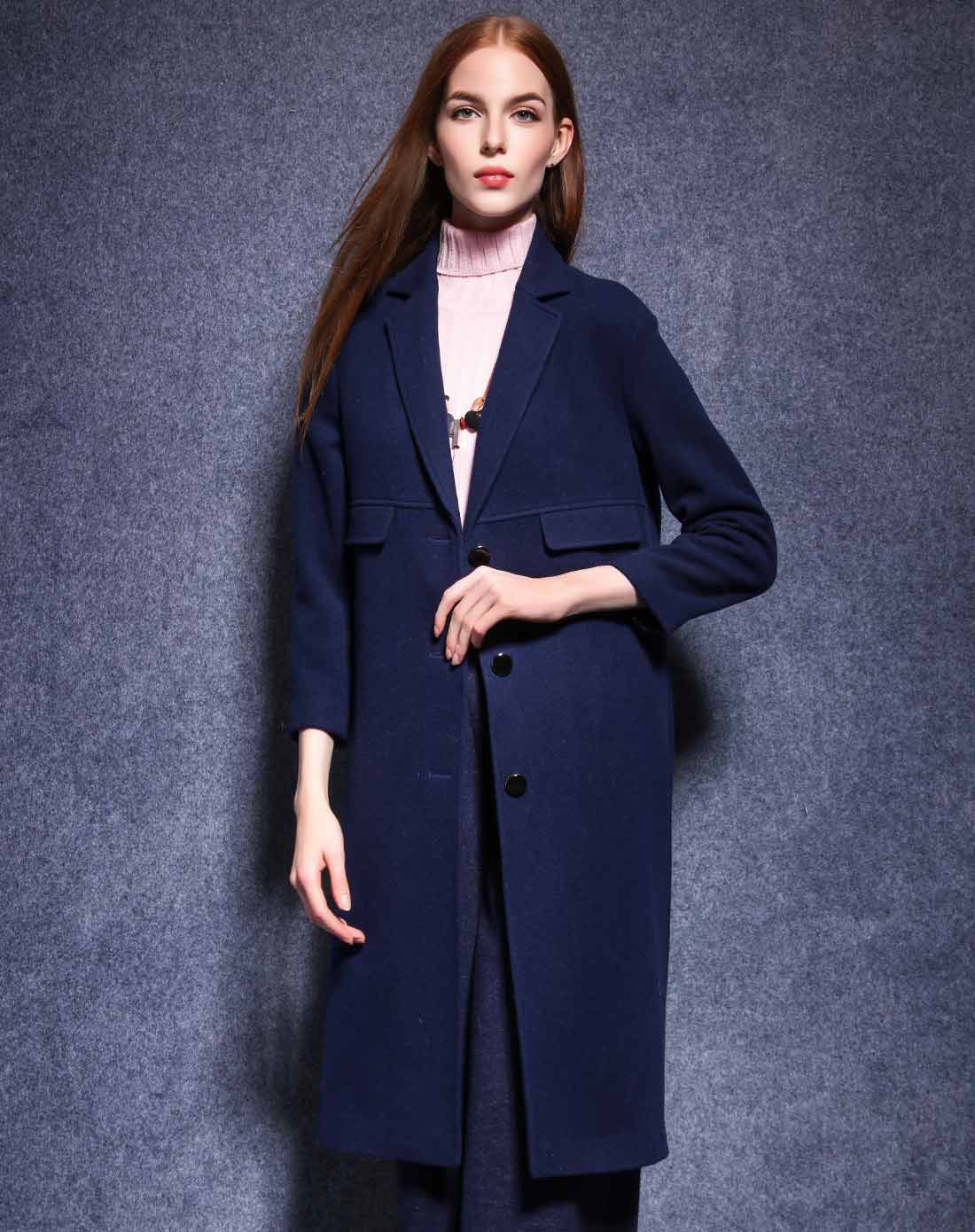 藏蓝色平驳领单排扣毛呢九分袖大衣