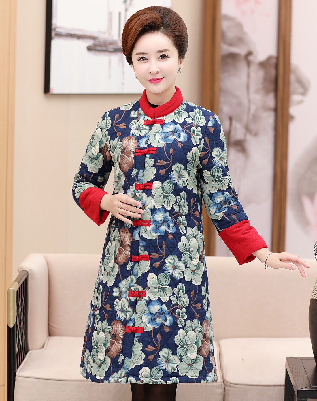 女款皮红色大花盘扣中长款立领棉衣