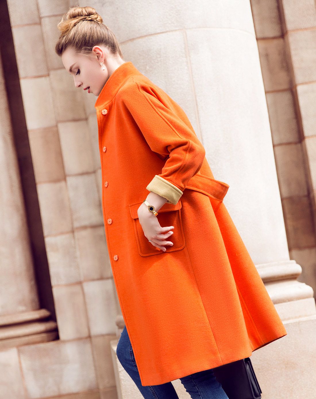 【冬装新品】浅橙色优雅长款毛呢外套