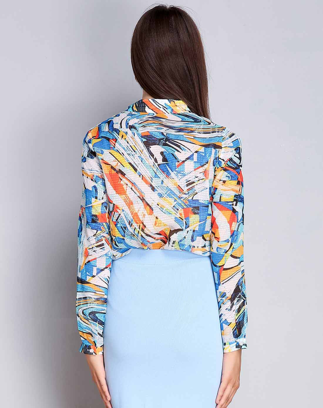 优雅蓝清凉一夏时尚百搭翻领长袖衬衫上衣