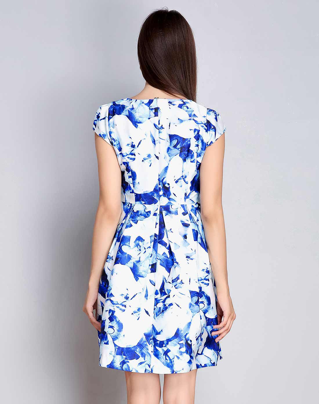 优雅蓝浪漫一夏圆领工字褶a摆显瘦短袖连衣裙