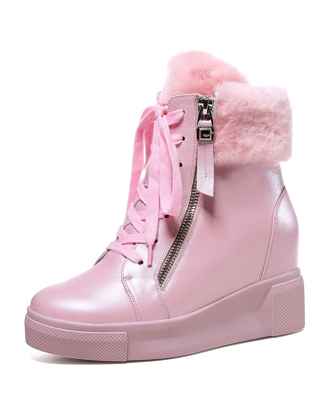 新品粉色珠光牛皮羊羔毛内增高短靴