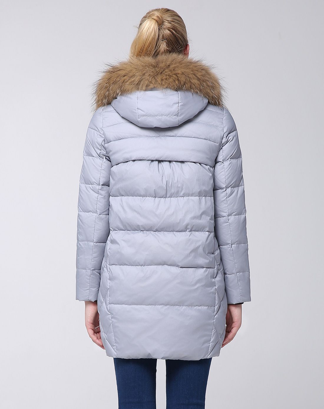 女士青烟灰中长款毛领连帽羽绒服