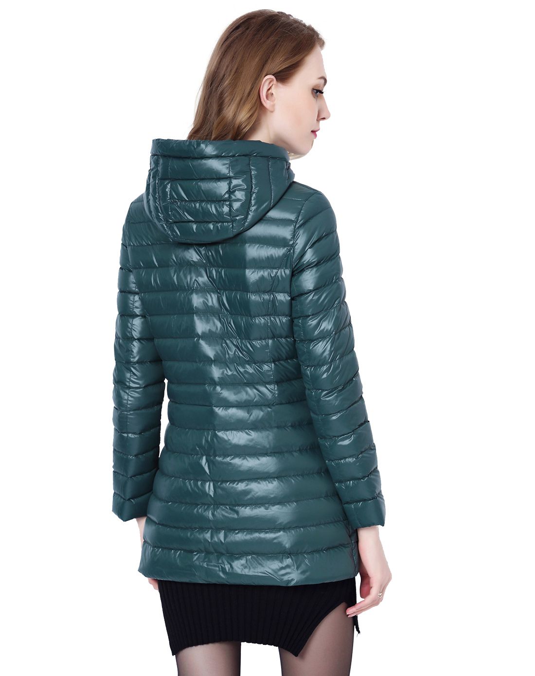 女式深海绿连帽中长款羽绒服