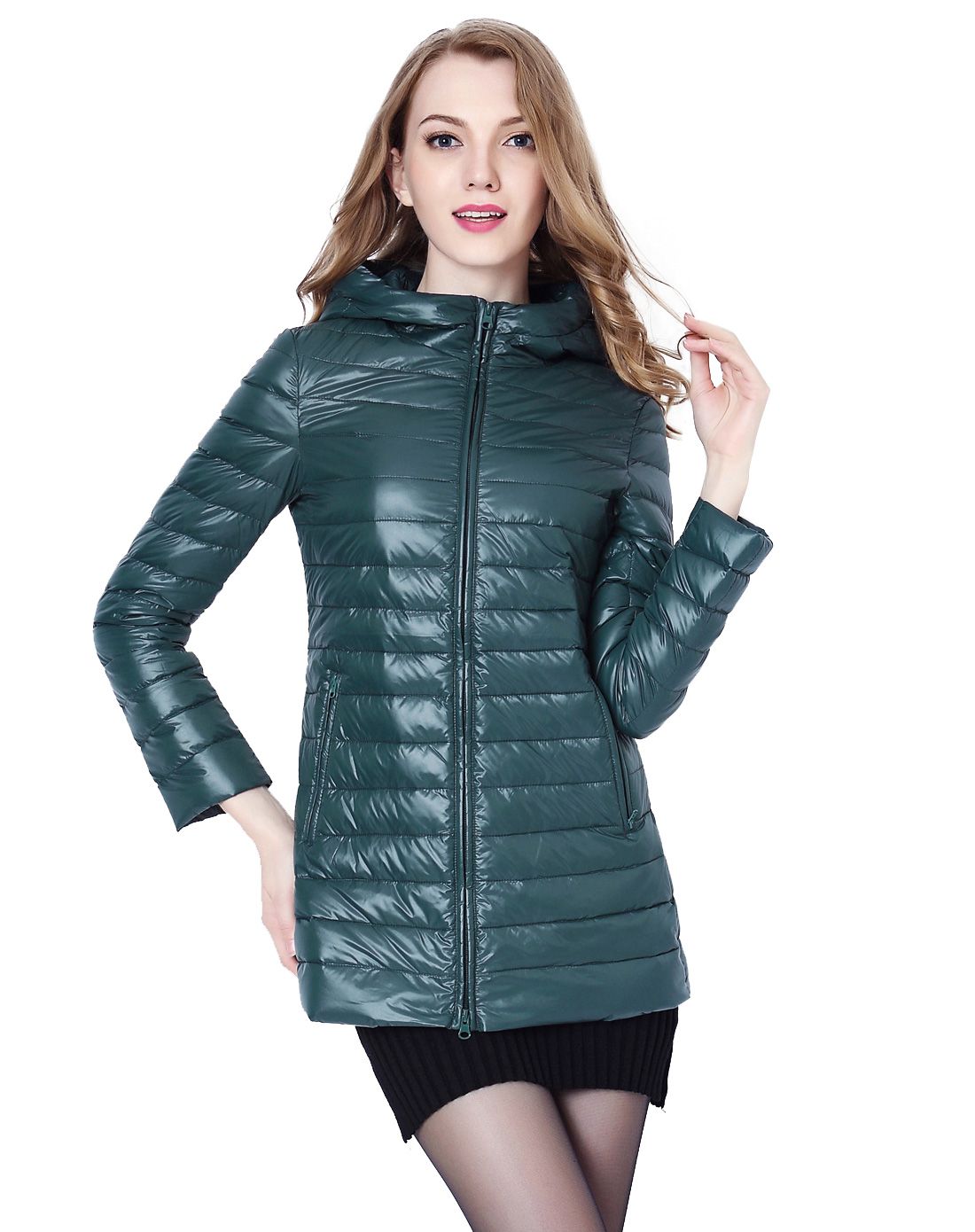 女式深海绿连帽中长款羽绒服