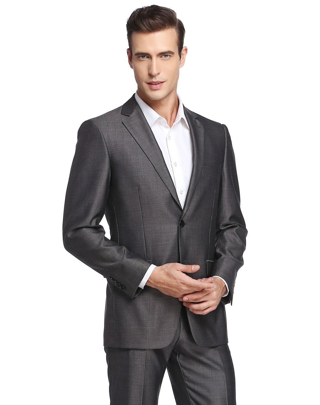 灰黑色蚕丝羊毛混纺商务正装西服