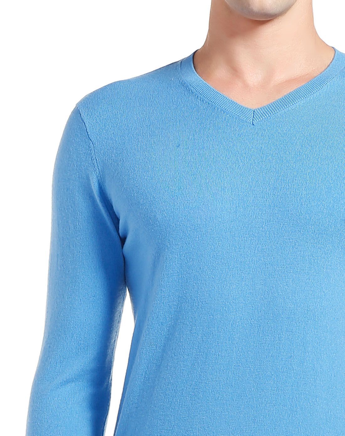 天蓝色纯美利奴羊毛简洁v领针织衫