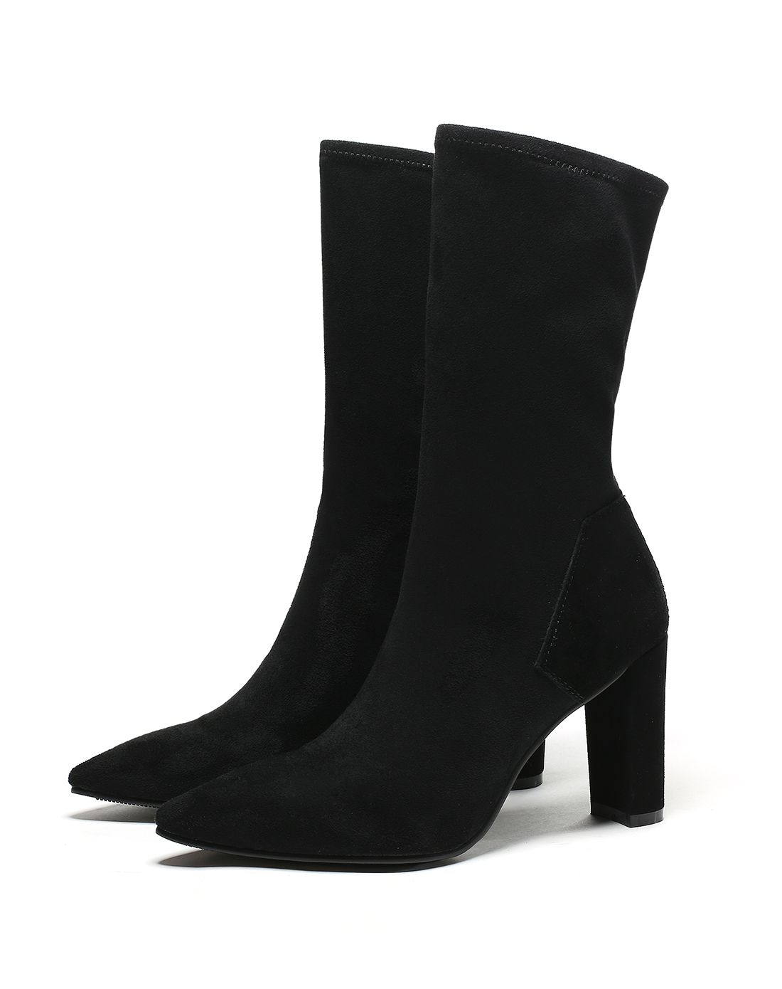 2016年新品黑色羊猄尖头粗跟中筒靴