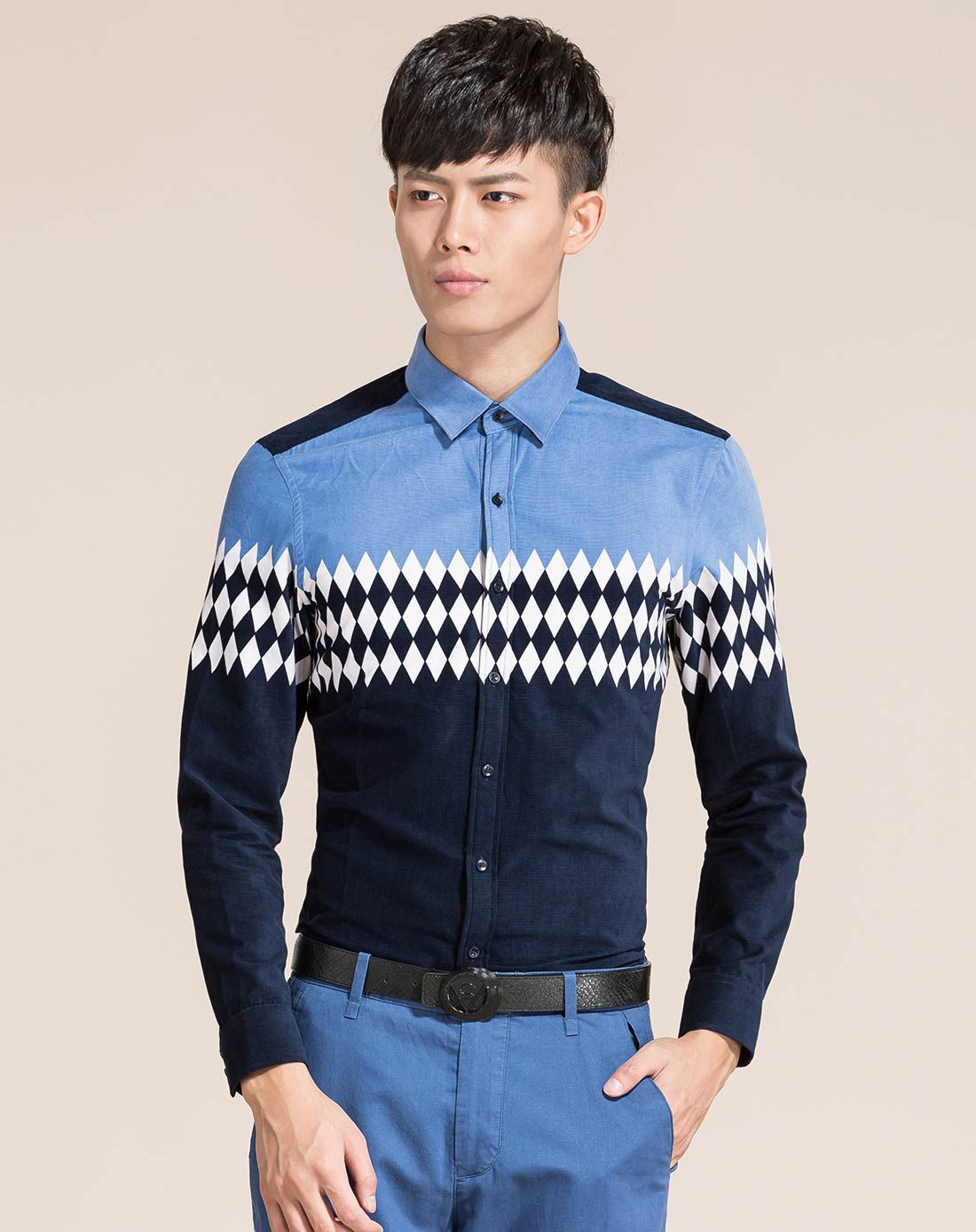 舒适长绒棉军色菱格纹休闲衬衫 运费 (订单满288免运费) 颜色 售完