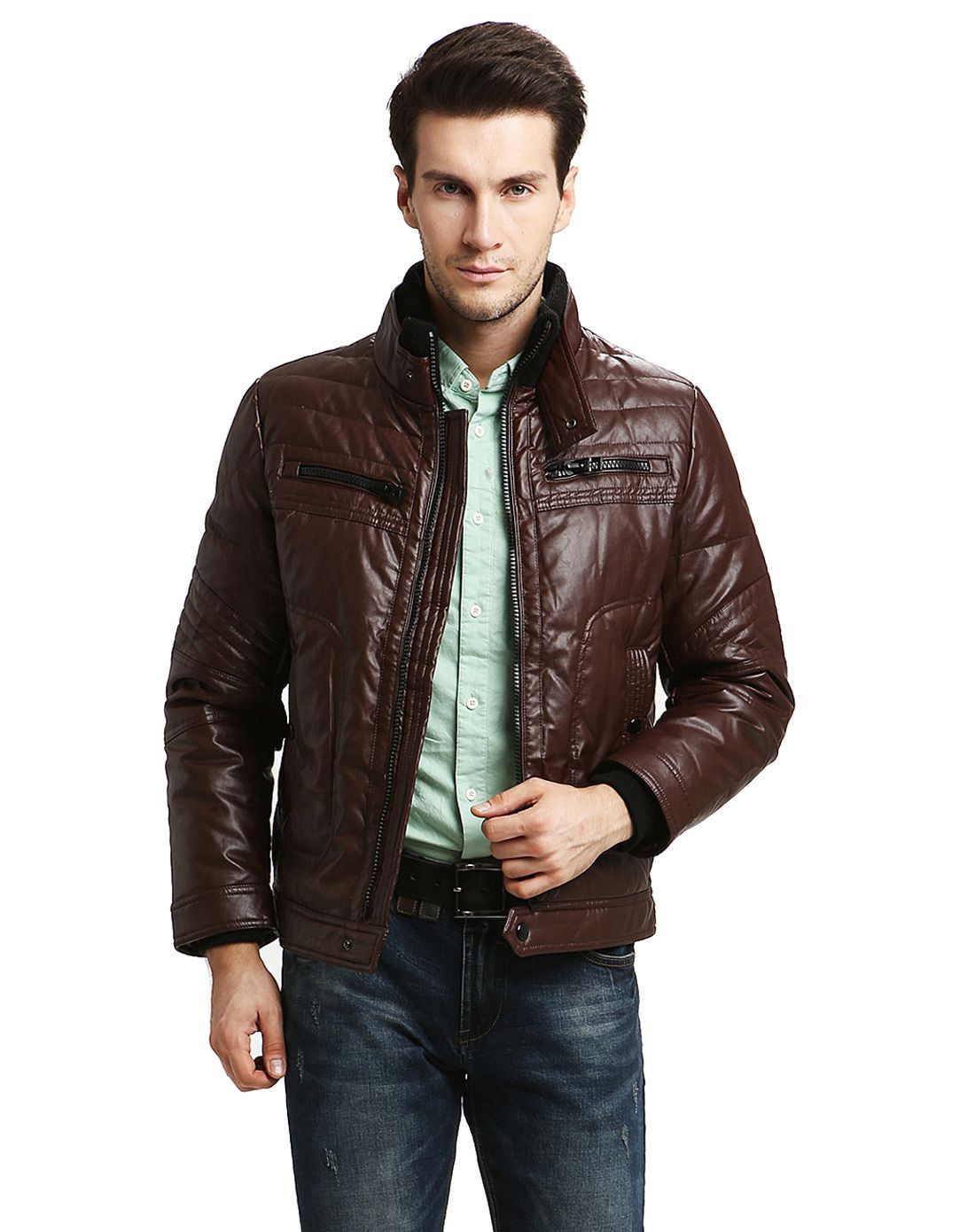 男式深绯色仿皮机车短款羽绒服