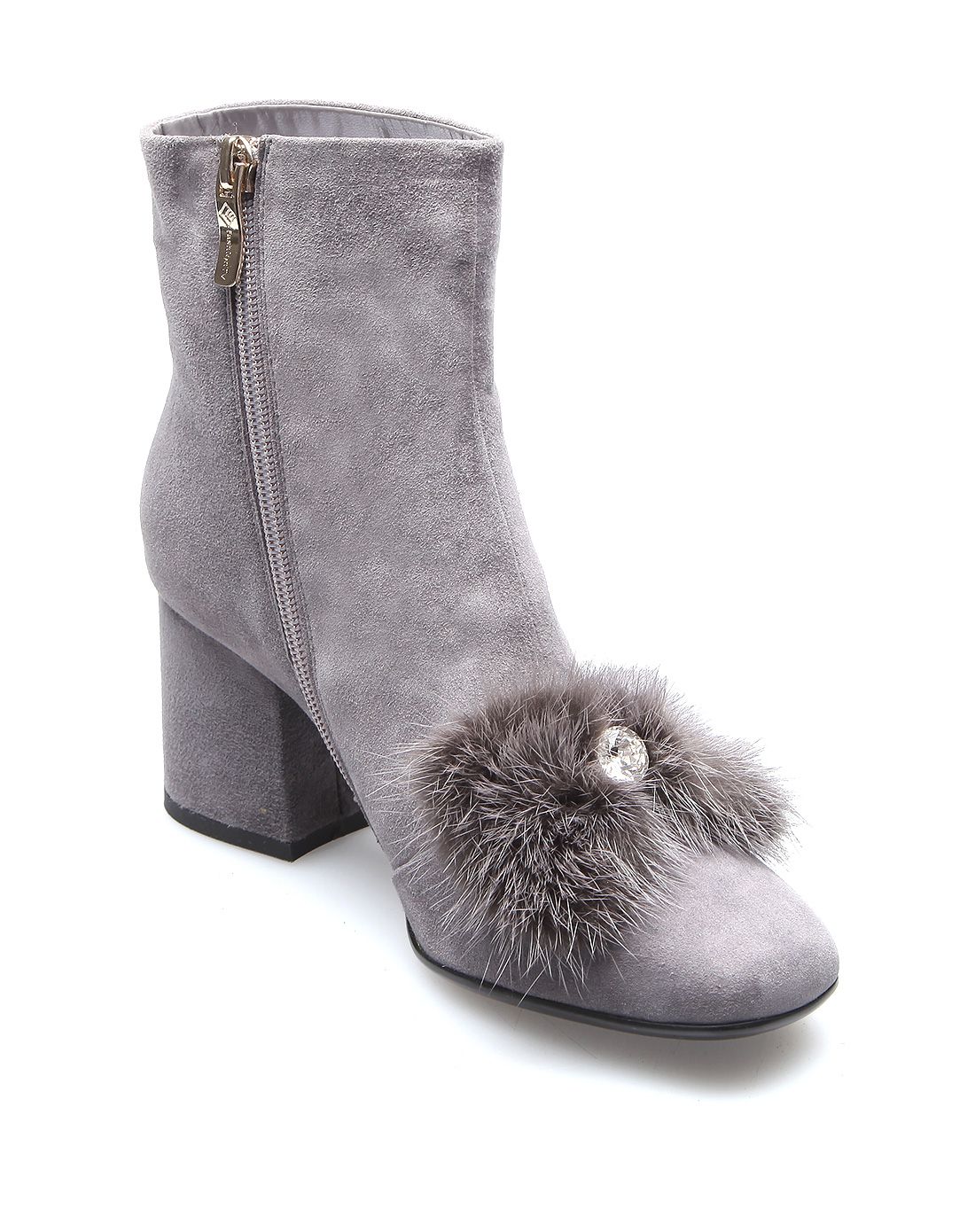 专场16年新款灰色羊猻皮拼貂毛粗中跟休闲靴ftve30fd16q068019_唯品会