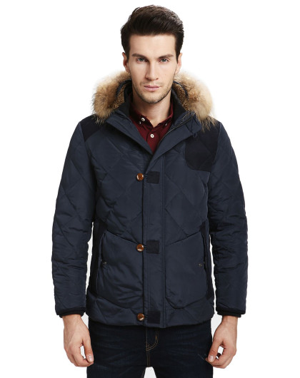 男式暗青男斜格连帽休闲款羽绒服