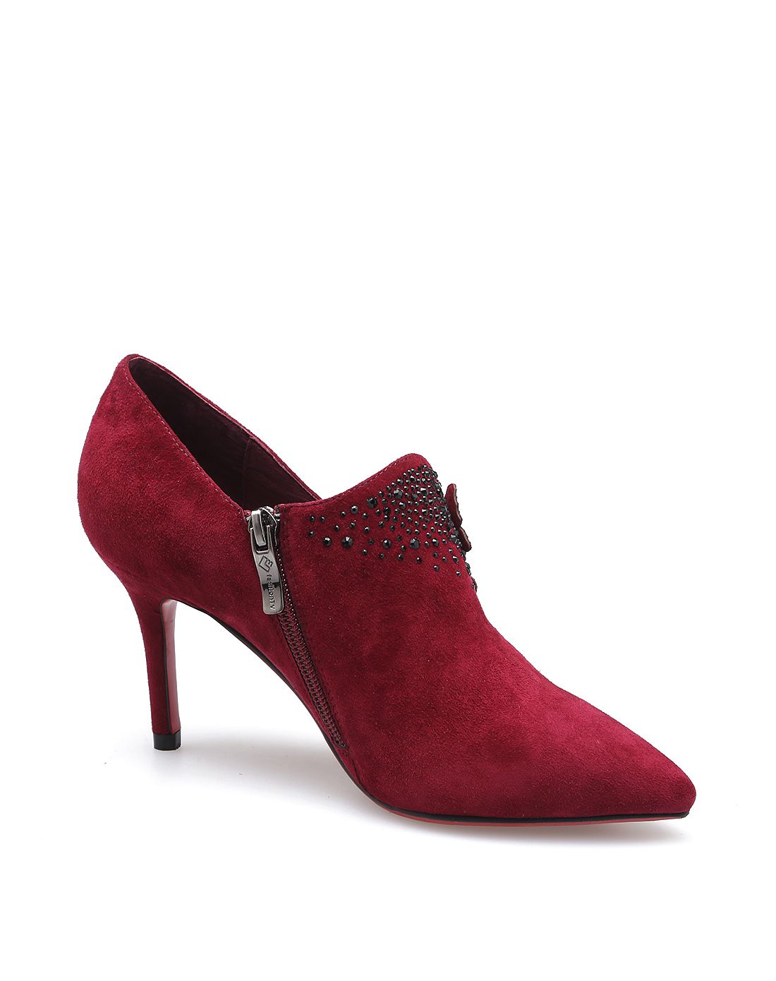 酒红色全手工钻饰羊猄皮全包跟高跟单鞋