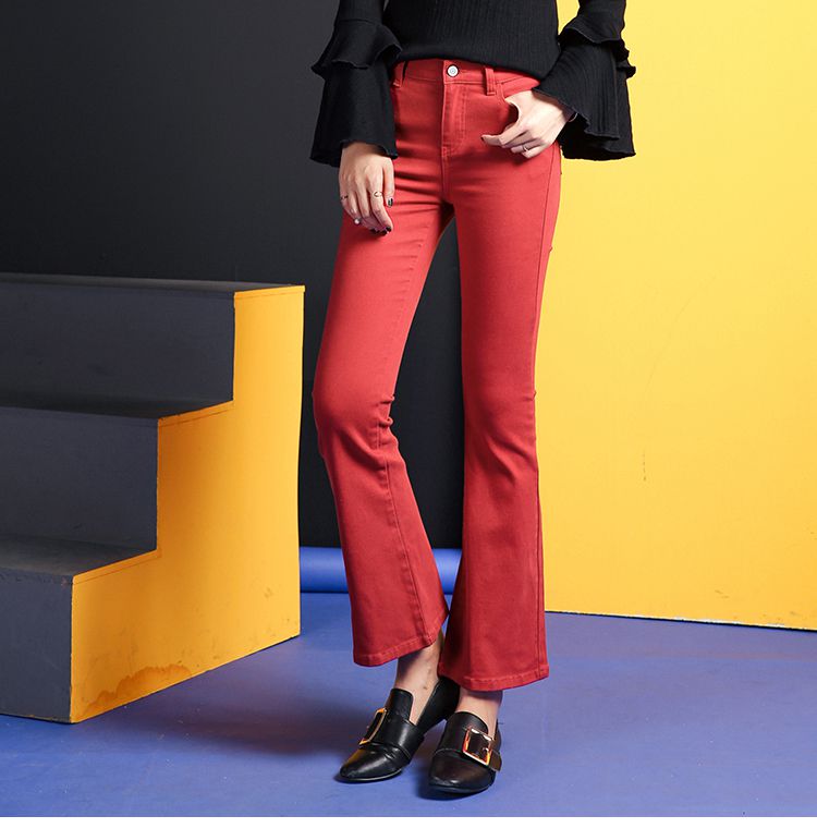 红色 水洗九分微喇牛仔裤