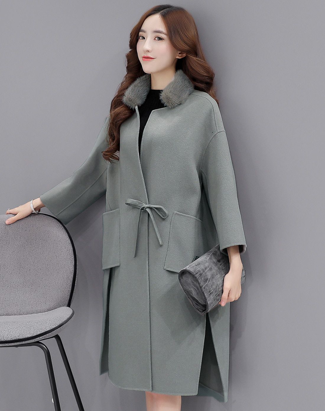艾欧唯豆绿色系带扣翻领双面呢大衣q16zmy8021dl01_唯品会