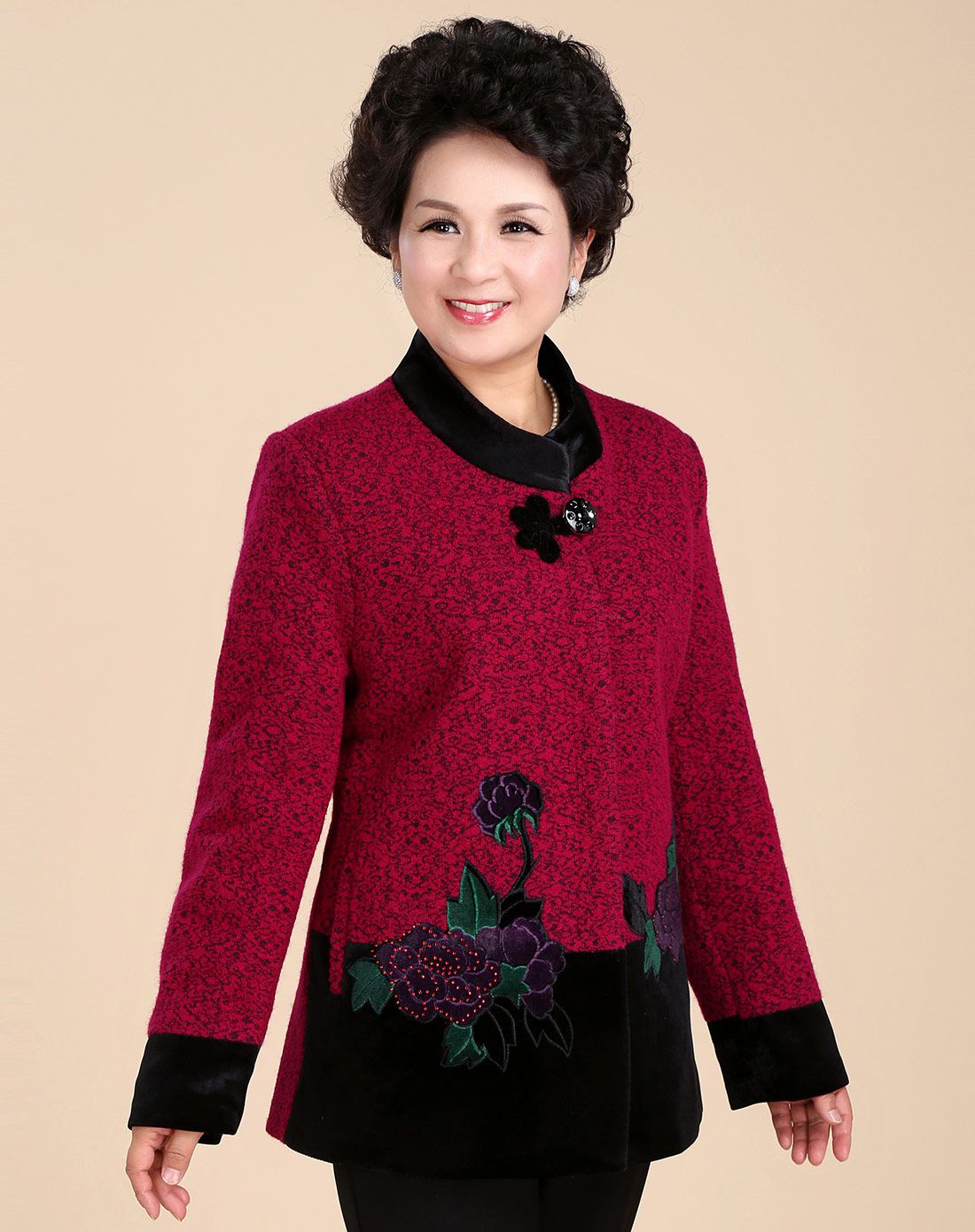 丝绒拼接立领牡丹花外套梅红