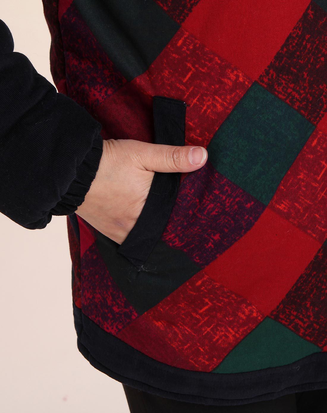 女款青红色格纹连帽棉衣