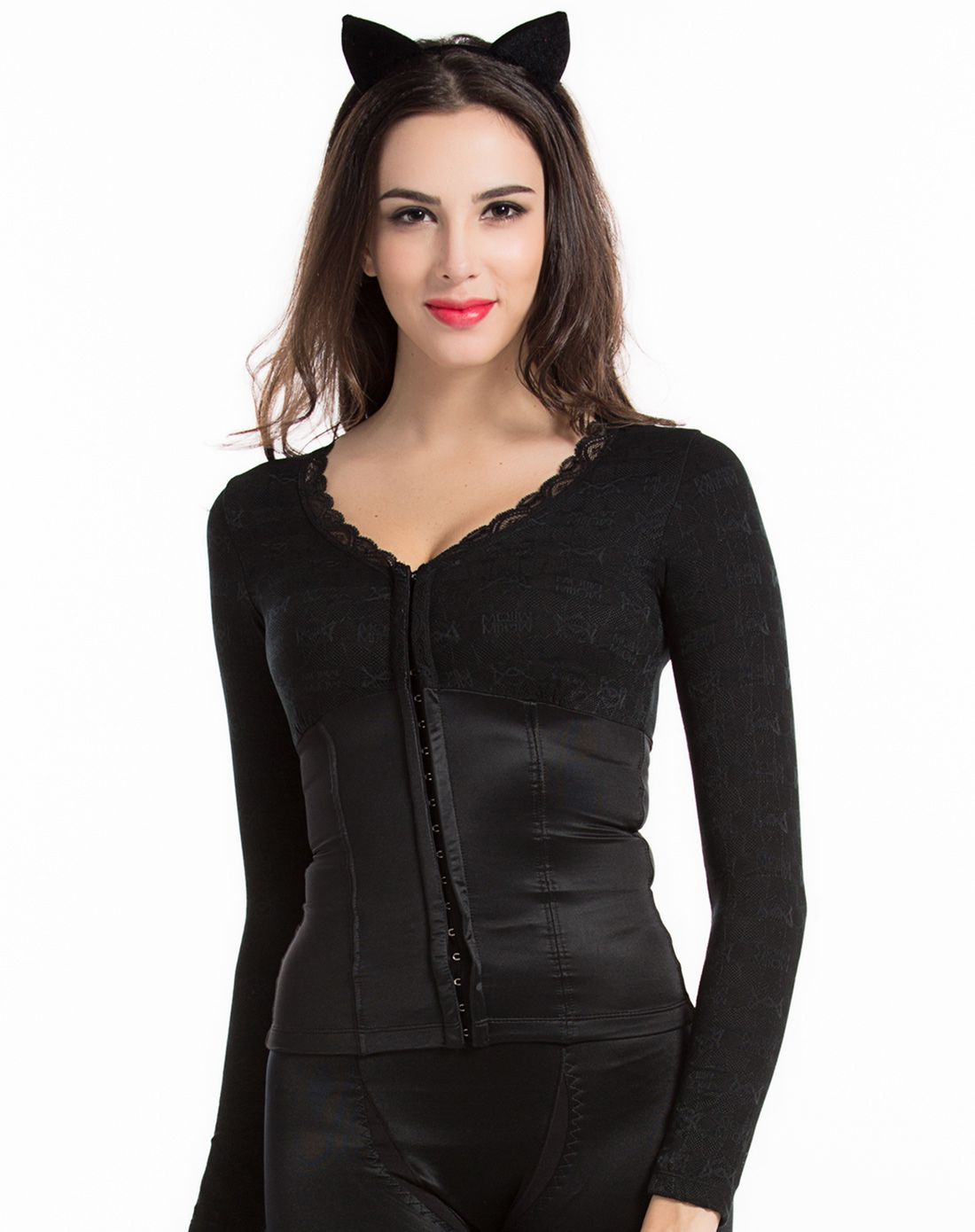 纯黑色v领蕾丝塑身衣