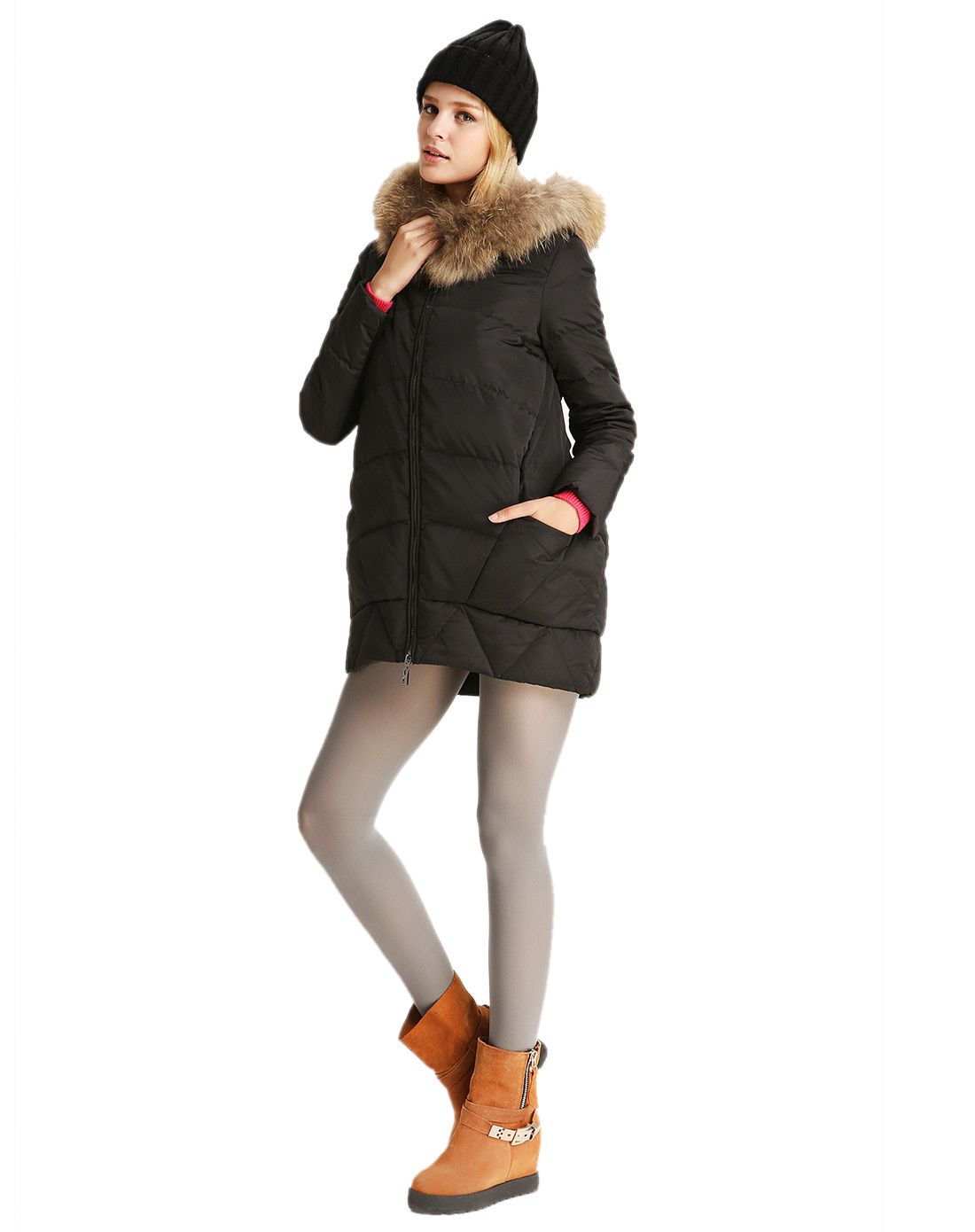 女式酷炫黑女貉子毛领茧型中长款羽绒服