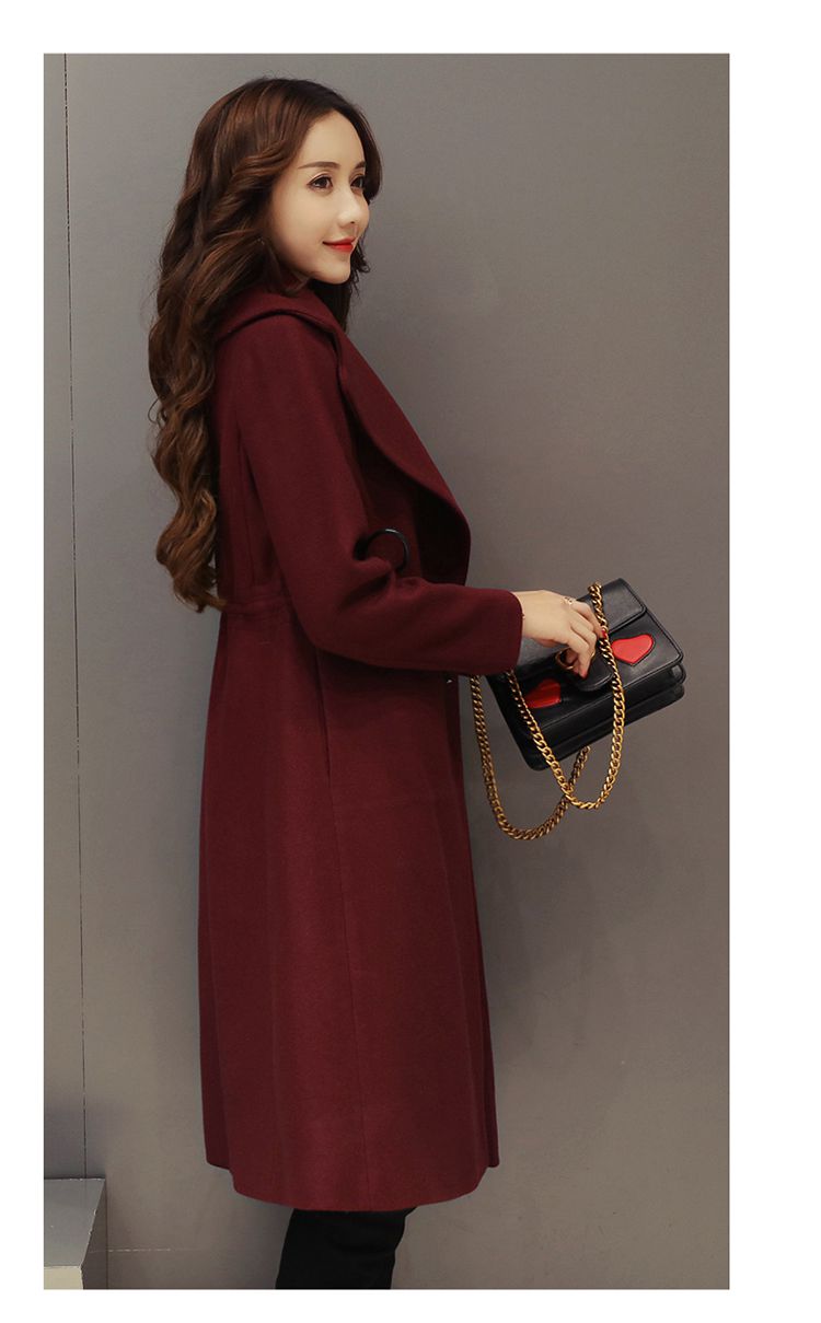 酒红色 韩版修身长款呢大衣
