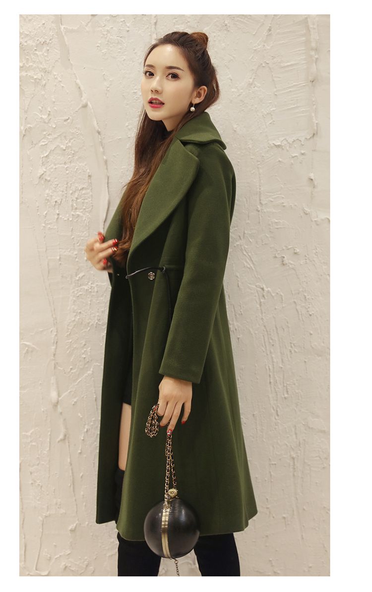 军绿色 韩版修身长款呢大衣