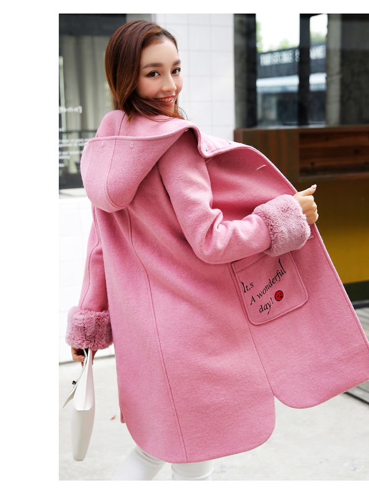 皮粉色 韩版简约刺绣呢大衣