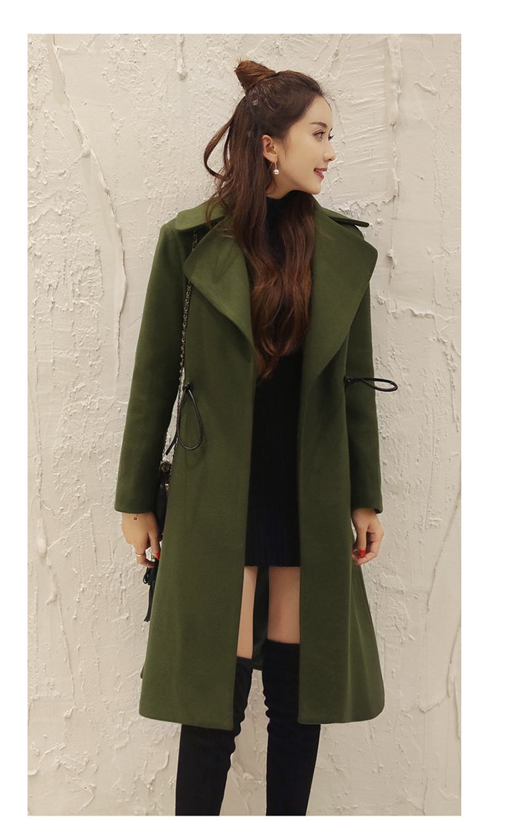 军绿色 韩版修身长款呢大衣