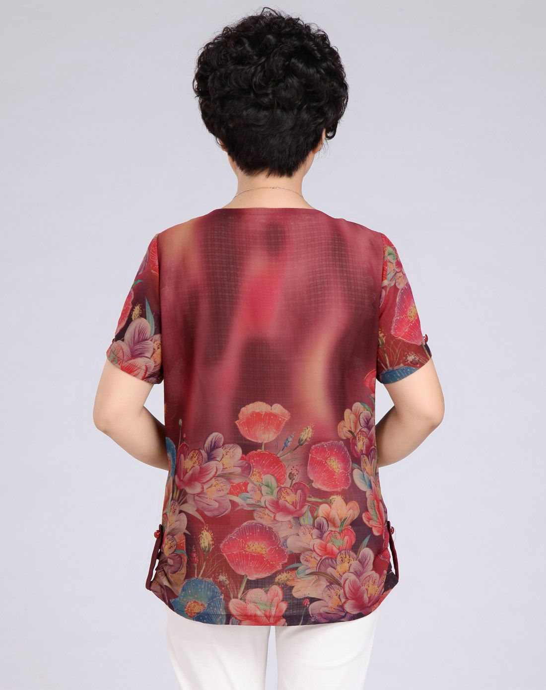 富贵大花印花圆领短袖上衣红色