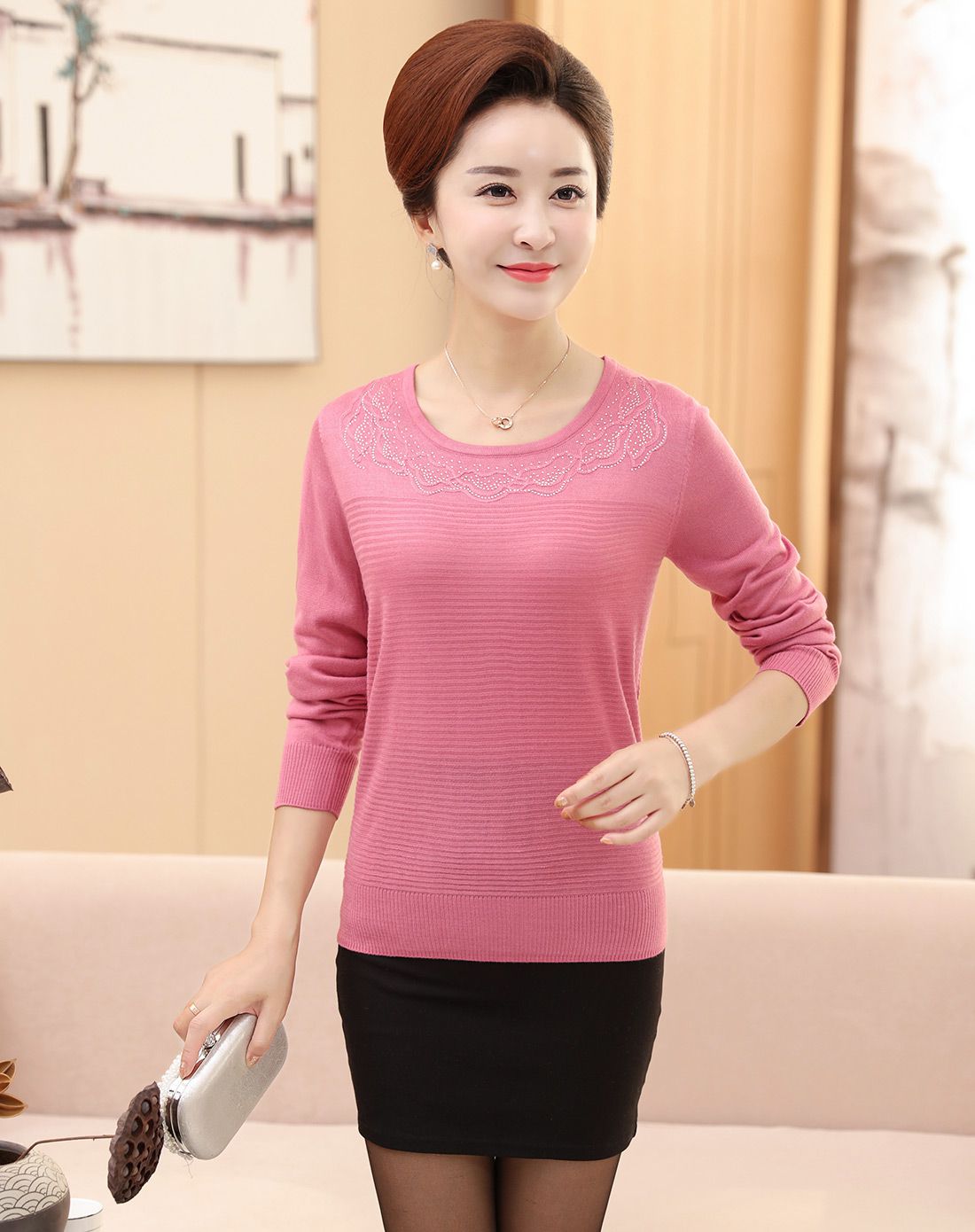 台格妈妈装中老年女款时尚烫钻气质圆领针织衫