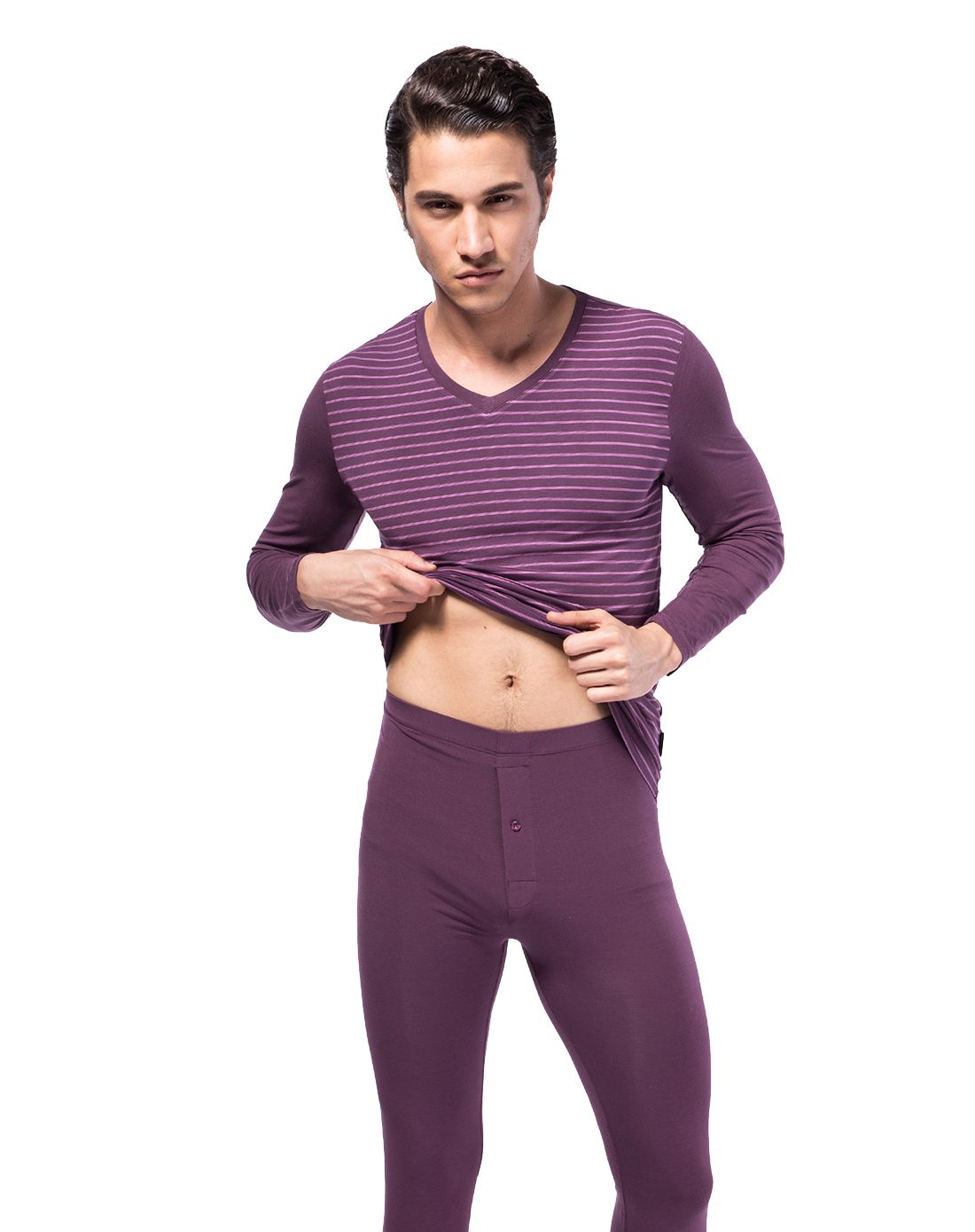 猫人miiow男士保暖内衣专场深紫色莫代尔条纹v领男套u231149617_唯品
