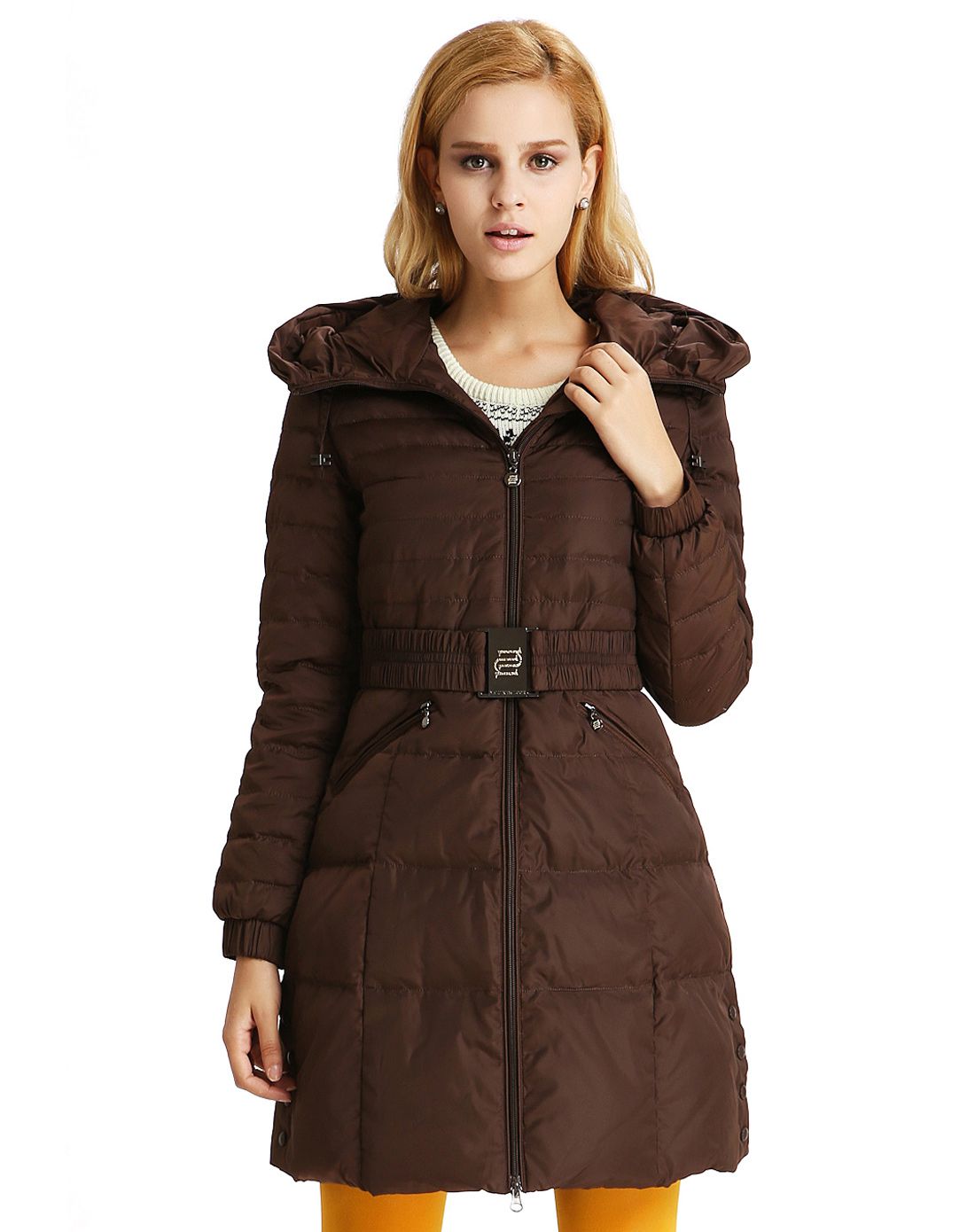 女式黄棕渐变行线休闲羽绒服