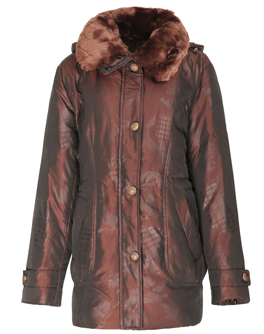 女式深绯色仿獭兔毛领中年款羽绒服