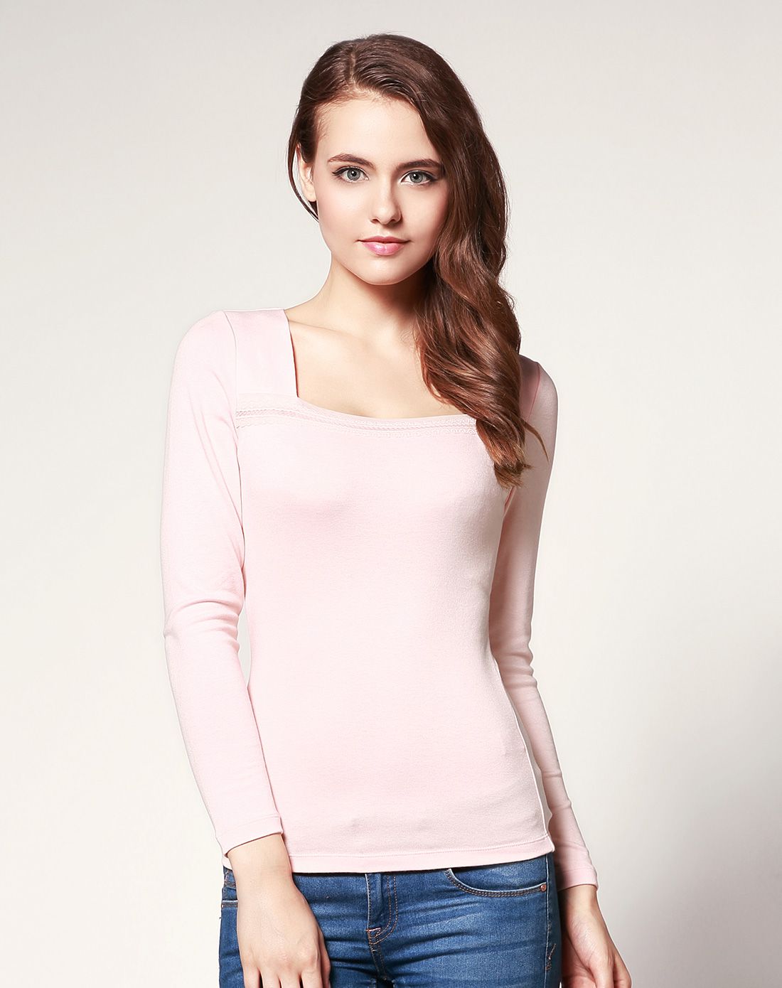 茜施尔shcer内衣专场黑色一字领小花边与网布设计保暖内衣上衣s12915