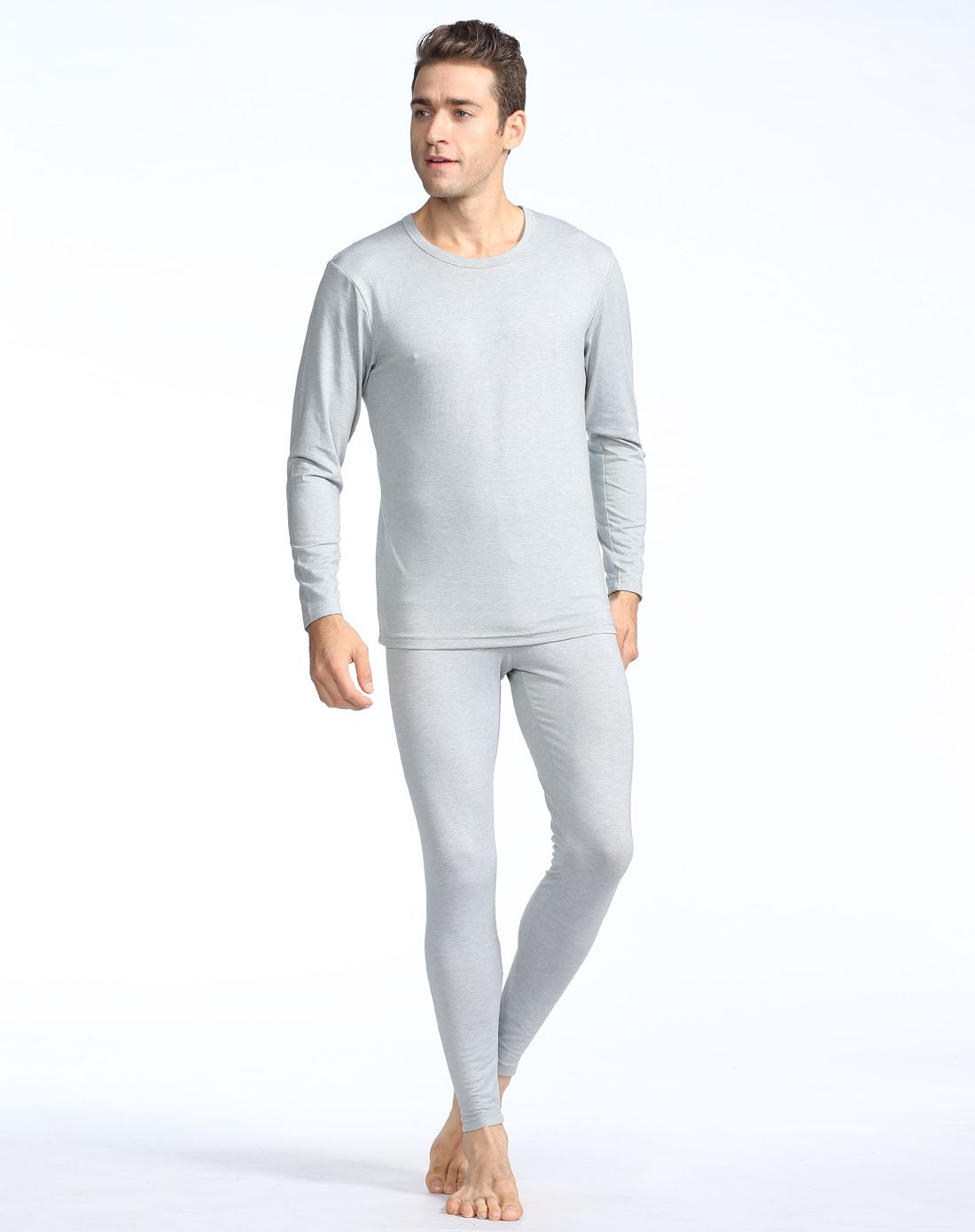 男士麻灰圆领贴身保暖内衣套装