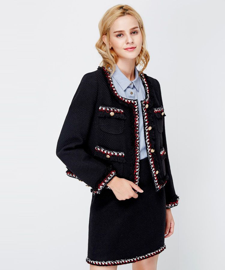 黑色小香风圆领长袖直筒短款毛呢外套