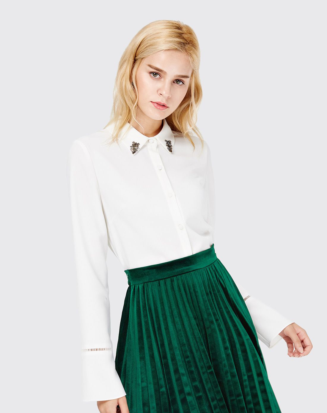 黄色小翻领钉珠长袖直筒百搭衬衫