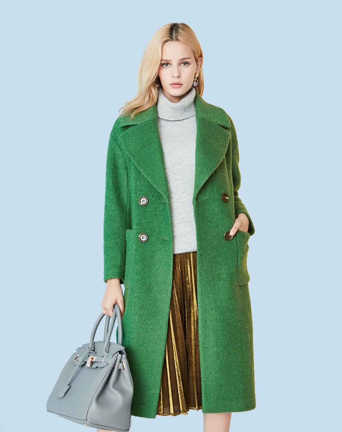 绿色时尚大翻领长袖中长款毛呢大衣