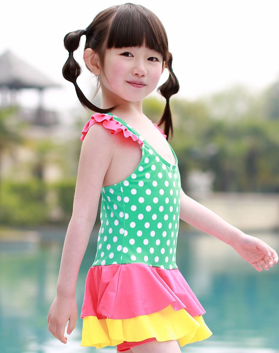 女童绿色点点小飞袖连身连裤沙滩裙