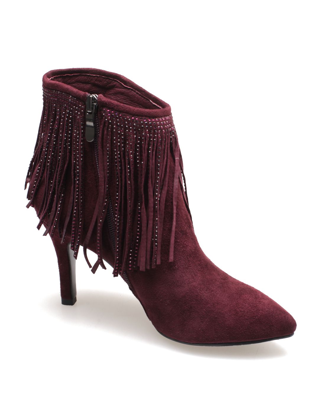 女士鞋包专场新款气质流苏羊猻皮细高跟短靴ftve111170-1021_唯品会